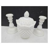 Fenton Milk Glass Candy Dish & Candle Holders