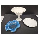 Fenton Hob Nail Compote,Saucer & Blue Hobnail Dish