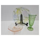 Footed Pink Glass Bowl, Green Vase &  Tulip Plate