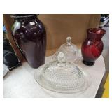 2 Butter Dishes & Ruby Red Vases