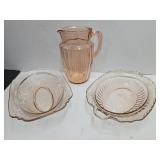 Pink Depression 8" h Pitcher & 2 Serving Dishes