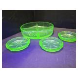 Uranium Glass 8" Divided Dish & Uranim Coasters