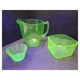 Uranium Glass Pitcher 5" high , Sq Bowl & Custard