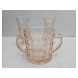 2 Handled Pink Glass & 5" high Glasses