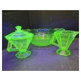 Uranium Glass Handled Bowl,  Cream & Sugar Set
