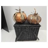 Vintage Wood  Basket with Metal Pumpkins