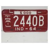 1964 Indiana Embossed License Plate