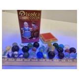 Lot of Shooter Marbles In Vintage Cocoa  Tin