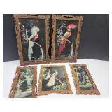 Set of 5 Feathered Bird Framed Mexican Art 7'-18'H