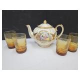 Vintage Tea Pot w 4 Juice Glasses