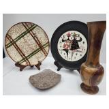 Blue Ray Ridge MCM Plate, Wood Bud Vase +