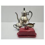 Silver Plate Tea Set & Ceramic Butter Dish