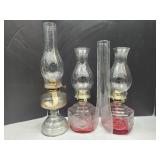 3 Oil Lamps & Tall Chiminey