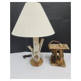 Wood Table Lamp & Tree Bark Bird House