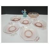 Pink Depression Glass Ware & Blue Hobnail Bottle