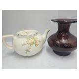 Vintage  Crackle Glass Vase 6 3/4'h & Tea Pot