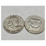 2- 1957 Franklin Silver Half Dollars