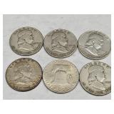 6- 1948 Franklin Silver Half Dollars