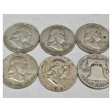 6- 1948 Franklin Silver Half Dollars