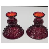 Fenton Unmarked Ruby Red Hobnail Candle Holders