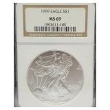 1999 Graded Silver Eagle Dollar Coin MS 69
