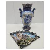 Beautiful Ironstone Vase  13" h &  Hand Held Fan