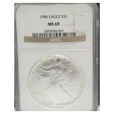 1986  Graded Silver Eagle Dollar Coin MS 69