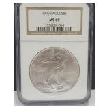 1995  Graded Silver Eagle Dollar Coin MS 69