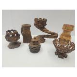 Wood Carved Lot Candle Holders, Vase  + 4" to 8"h
