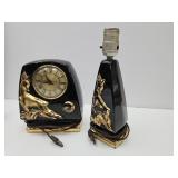 MCM Black Ceramic Clock 8"h  with Dresser Lamp 11"
