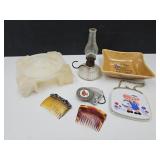 Marble Ash Tray, VTG 6" Oil Lamp, Purse+