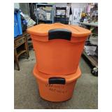 2  Orange Storage Totes 25 Gal Each