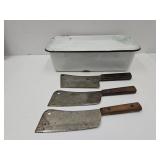Porcelain Enamel Veggie Pan & 3 Meat Cleavers