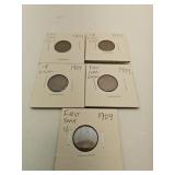Five1909 1st Year Issued Lincoln Wheat Penny Coins