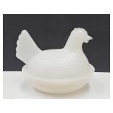 Vintage Milk Glass Hen on a Nest  4 1/2'