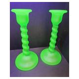 Tiffin Glass Uranium Green Candle Holders