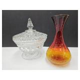 Amberina Crackle Glass Vase 7.5"& Candy Dish