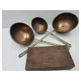 LG  Copper  & Brass Ladles & Vintage Wood Box 8.5'