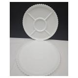 2 VTG MIlk Glass 13" W Platters & Divided Dish