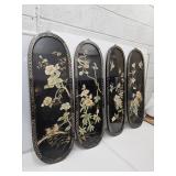 4 VTG Asian Black Lacquer Soapstone Wall Art