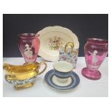 Knowles Bowl,  Cranberry Vases Flea bites ++