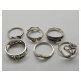 Set of 6 Silver Plated Rings Sz 6.5 - 8.5