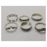 Set of 6 Silver Plated Rings Sz 5 - 8