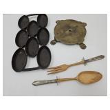 Cast Iron Pan, Metal Trivet & Spoon, Fork UNMARKED