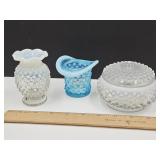 Fenton Hobnail Opalescent Hat, Trinket Box & Vase