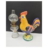 Village Pottery Rooster  7" h& Miniature Oil Lamp