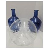 2 Large 1 Gal Blue (Painted) Jugs & Clear Bowl