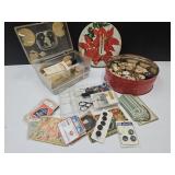 Vintage Sewing Box, Thread, Sewing Notions & Tin