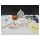 Vintage Hankies, Glass Ball & Clock