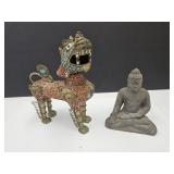 Brass Chinese Fu Dog & 5.5" Stone Buddha